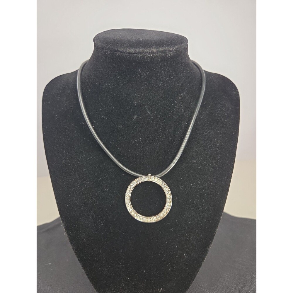Volm Vintage Y2K Black Cord Choker to 18" Silvertone CZ Eternity Circle Pendant